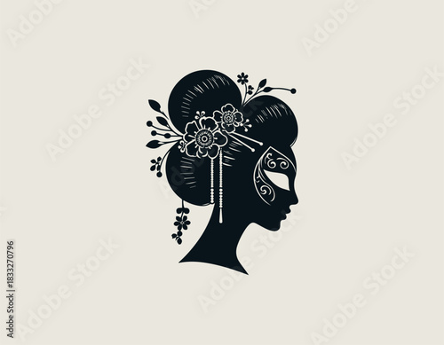 Elegant black silhouette of a beautiful Asian woman wearing a detailed decorative mask. Traditional fashion concept