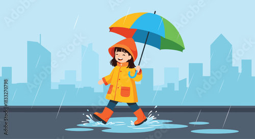 A cheerful young girl happily walks through puddles in the rain, holding a colorful umbrella in a city setting, enjoying a wet day outdoors.