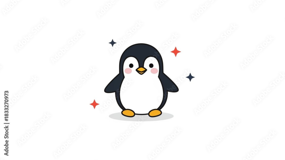 Fototapeta premium Cute cartoon penguin with blush cheeks and sparkling stars around it on a white background adorable animal illustration for children
