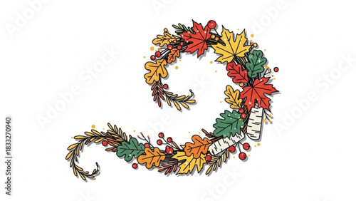 A whimsical swirling decorative element composed of colorful autumn leaves berries and birch bark on a white background perfect for seasonal designs