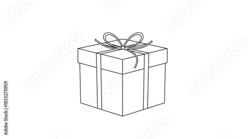 A simple clean line art illustration of a gift box with a ribbon and bow presented on a plain white background perfect for design and celebration concepts
