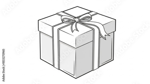 A simple line art illustration of a gift box with a ribbon and bow presented in a clean minimalist isometric perspective on a white background perfect for graphic design elements