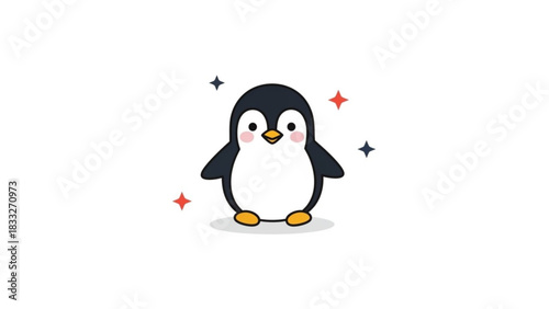 Cute cartoon penguin with blush cheeks and sparkling stars around it on a white background adorable animal illustration for children