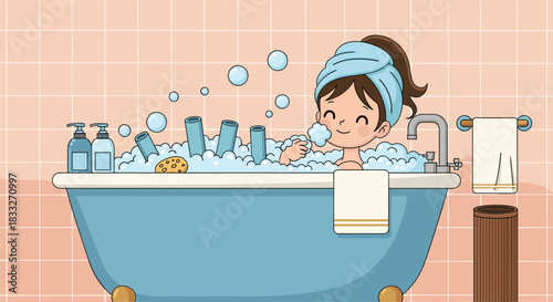 A cheerful young girl enjoys a bubbly bath with toys, a towel draped nearby, and a cozy bathroom setting, promoting relaxation and hygiene.