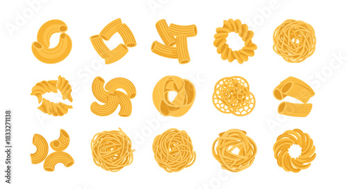 A colorful assortment of various dry pasta shapes arranged in a grid, showcasing diverse Italian cuisine and culinary possibilities.