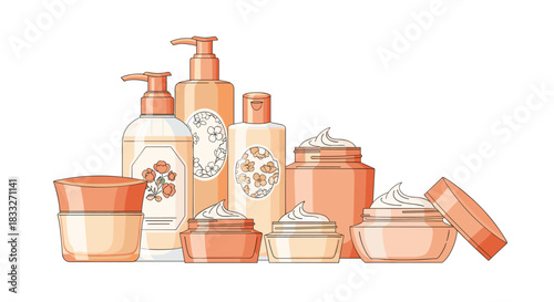 Assortment of cosmetic products in pastel shades, including lotions, creams, and jars, arranged for a beauty or skincare presentation.