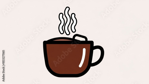 A simple stylized illustration of a steaming brown mug filled with a hot beverage possibly coffee or hot chocolate with a marshmallow on top set against a plain background