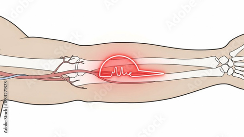 Illustration of arm anatomy with visible bones veins and a medical device implant with red glow