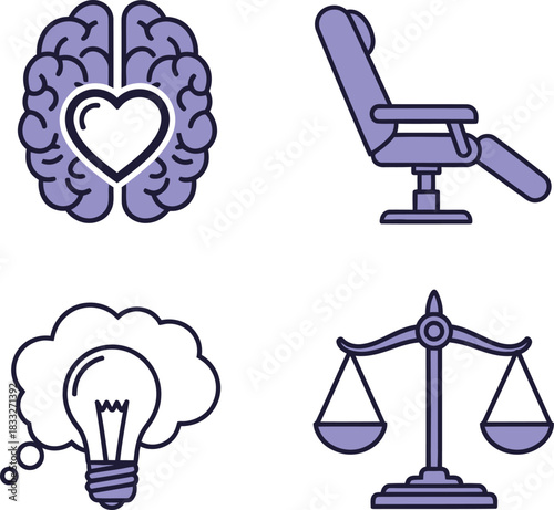 Mental Health Icons Brain with Heart, Therapy Chair, Thought Bubble, Balanced Scales