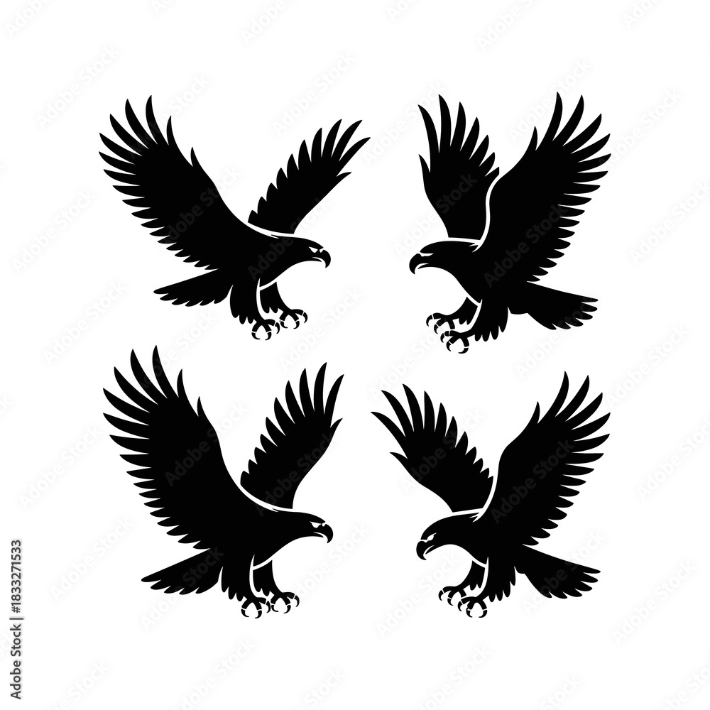 Fototapeta premium “Eagle Silhouette Vector Set – Flying Raptor Bird Attack Poses, Predatory Wildlife Icons Collection”