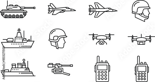 Military and defense line icon set