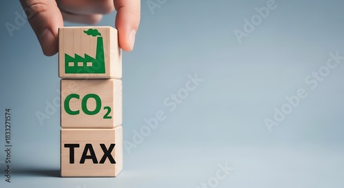 Carbon tax concept with wooden blocks showing industry and co2