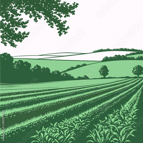 Stylized illustration of a lush green agricultural field with rows of crops stretching towards rolling hills and trees under a pale sky
