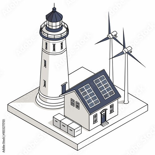 Isometric illustration of a lighthouse and house with solar panels and wind turbines representing renewable energy sources