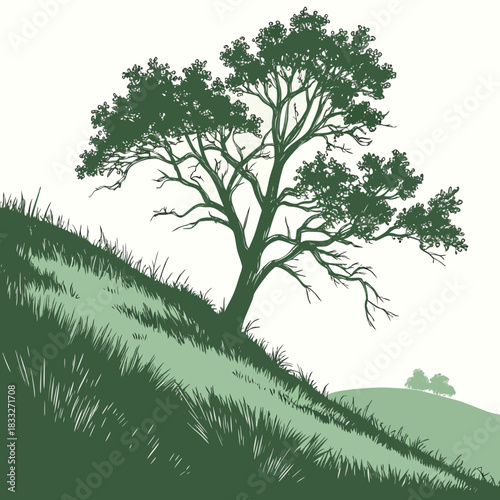 A solitary green tree stands on a grassy hill with a minimalist stylized illustration of nature and landscape