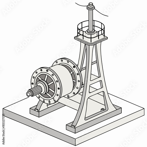Isometric illustration of a large industrial winch mechanism with a spool and support structure on a concrete base