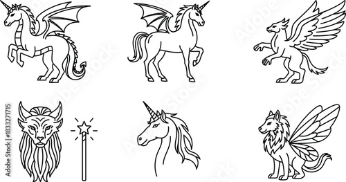 Mythology and fantasy creatures line icon set