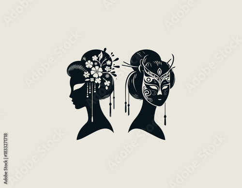 Elegant black silhouette of a beautiful Asian woman wearing a detailed decorative mask. Traditional fashion concept