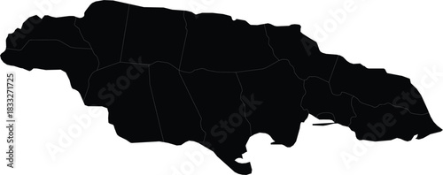 Detailed vector map of Jamaica black silhouette with internal borders isolated on white background