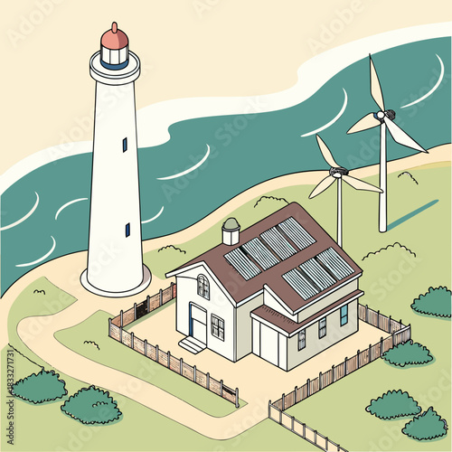 Coastal home with solar panels and wind turbines powered by renewable energy sources near a lighthouse