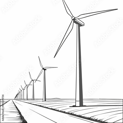 A row of wind turbines stands tall in a field next to a road under a clear sky symbolizing renewable energy