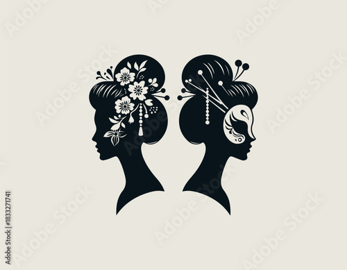 Elegant black silhouette of a beautiful Asian woman wearing a detailed decorative mask. Traditional fashion concept