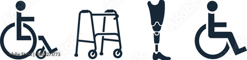 Mobility Aid Icons Wheelchair, Walker, Prosthetic Leg, Accessible Symbol