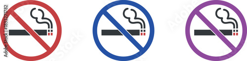 No smoking signs in three colors no smoking, smoking ban, forbidden, prohibition, red, blue, and purple, indicating prohibited areas