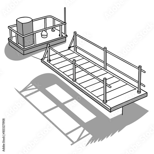Isometric illustration of industrial platforms with railings and a cylindrical structure on a white background with shadows