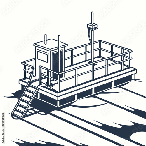 Stylized isometric line art illustration of a small industrial barge or workboat floating on stylized water with shadows
