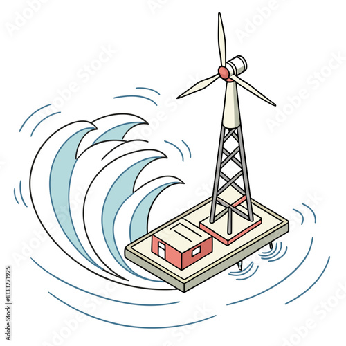 Offshore wind turbine platform with large waves crashing around it symbolizing renewable energy in a harsh marine environment