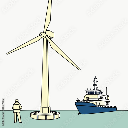 Offshore wind turbine installation and maintenance vessel with a worker overseeing the operation on the water