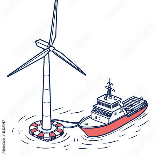 Illustration of a floating offshore wind turbine connected to a supply vessel in the ocean water