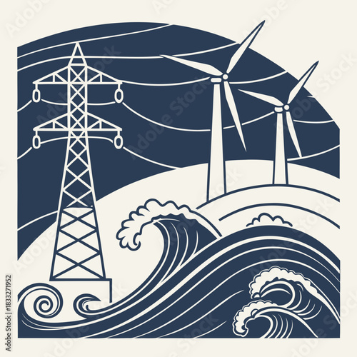 Stylized illustration depicting renewable energy sources including wind turbines and a power line tower against a backdrop of ocean waves and sky