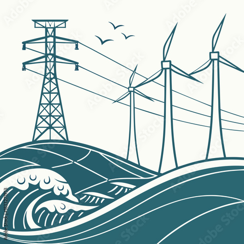 Stylized illustration of wind turbines and a power line tower on rolling hills with ocean waves and birds flying in the sky