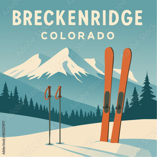 orange skis planted in breckenridge snow beneath alpine peaks and a sky of frozen blue
