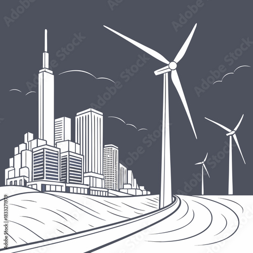 Modern city skyline with wind turbines generating clean energy in a sustainable urban landscape