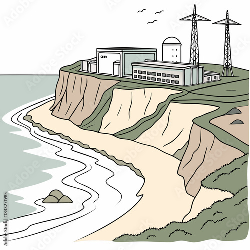 Illustration of a coastal power plant situated on a cliff overlooking the ocean with transmission towers and birds flying