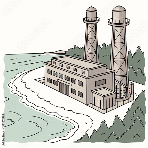 A stylized illustration of an industrial building with two tall towers situated by a body of water and surrounded by trees