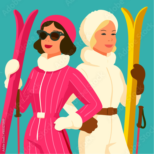 vintage slope style: bold ski suits and alpine flair against a teal winter backdrop