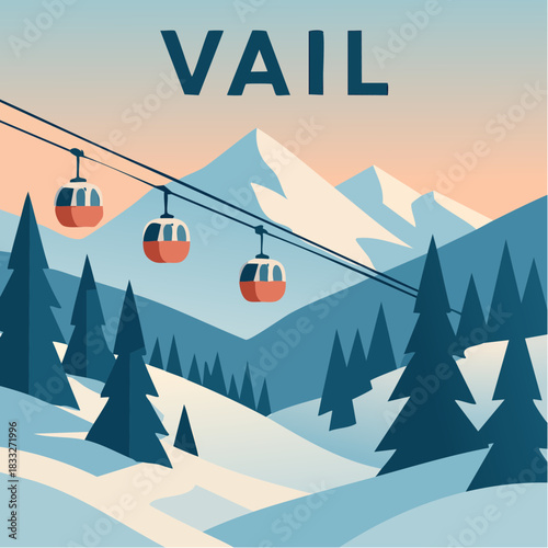 gondolas drift through vail’s peach-blue hush above snowbound pines and alpine majesty