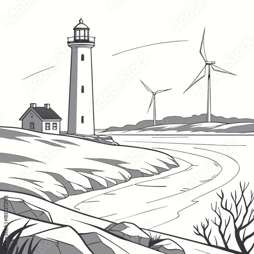 Coastal landscape with a traditional lighthouse and modern wind turbines on a hill under a clear sky