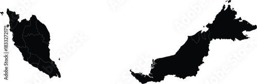 Detailed vector map of Malaysia black silhouette isolated on white background perfect for infograph