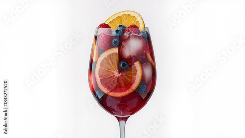 Ultra-realistic photo of a single large wine cup of red sangria, filled with ice cubes, orange and lemon slices, and berries. No background, isolated object, transparent background.