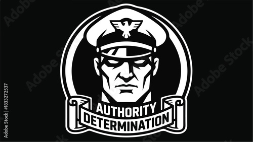 Authoritative Military Leader Emblem with Determination Banner.