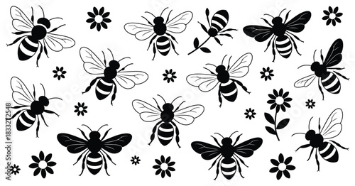 Flying Bee Silhouettes with Detailed Wings and Flower Interaction in a Pollination Scene Vector Illustration for Spring Wildlife Design on White Background