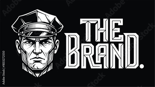 Serious Police Officer Portrait with The Brand Text.