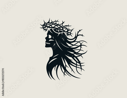 Detailed black and white vector skull adorned with a painful thorny crown. Dark gothic concept