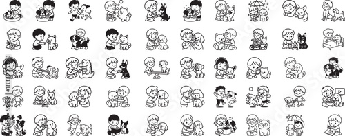 Children and dogs playing together in various scenes