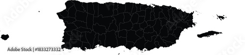 Detailed vector map of Puerto Rico black silhouette with regions isolated on white